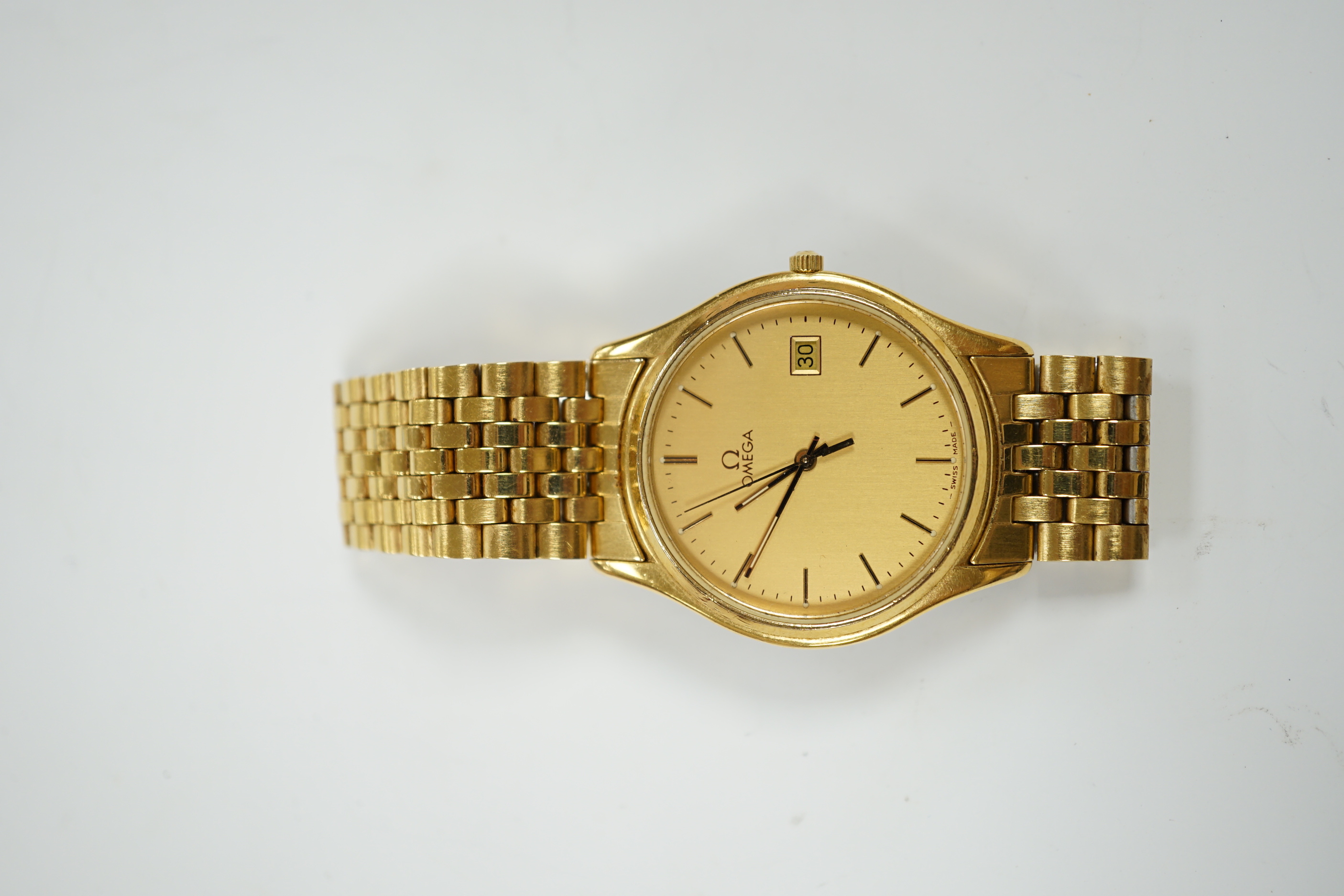 A gentleman’s steel and gold plated Omega Seamaster quartz wristwatch, with box or papers.